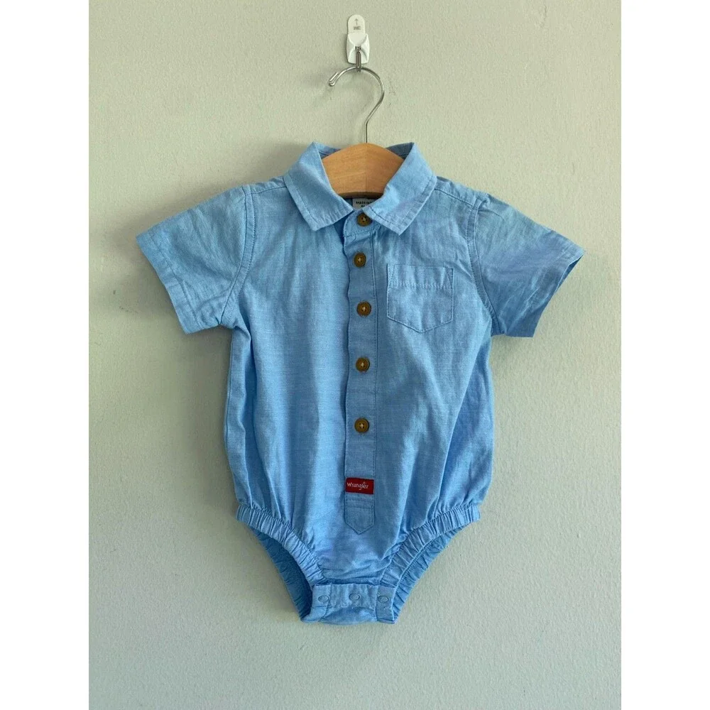 NWT Wrangler Baby Toddler Blue Chambray Short Sleeve Shirt Buttons 9M